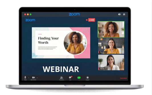 Laptop showing the DisCovering Self Value webinar on Zoom